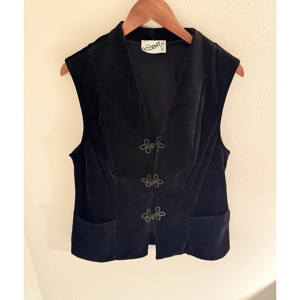 Vintage Women's Black Velvet Vest Whimsigoth Knot Closures Darts Pockets Sz M/L